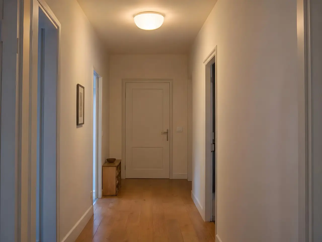 Couloir aux murs blanc cassé éclairé par un plafonnier rond en verre opale, parquet en chêne et porte blanche au fond