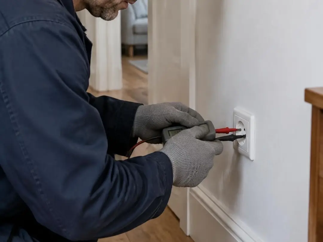 Électricien à genoux dans un couloir, gants gris, qui teste une prise murale, multiprise débranchée au sol
