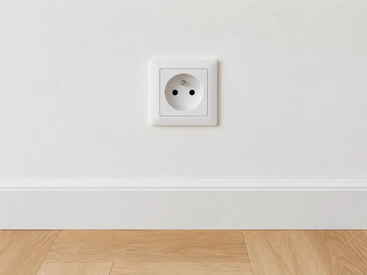 Prise neuve blanche à broche de terre posée au-dessus d'une plinthe, mur blanc propre et parquet en chevrons