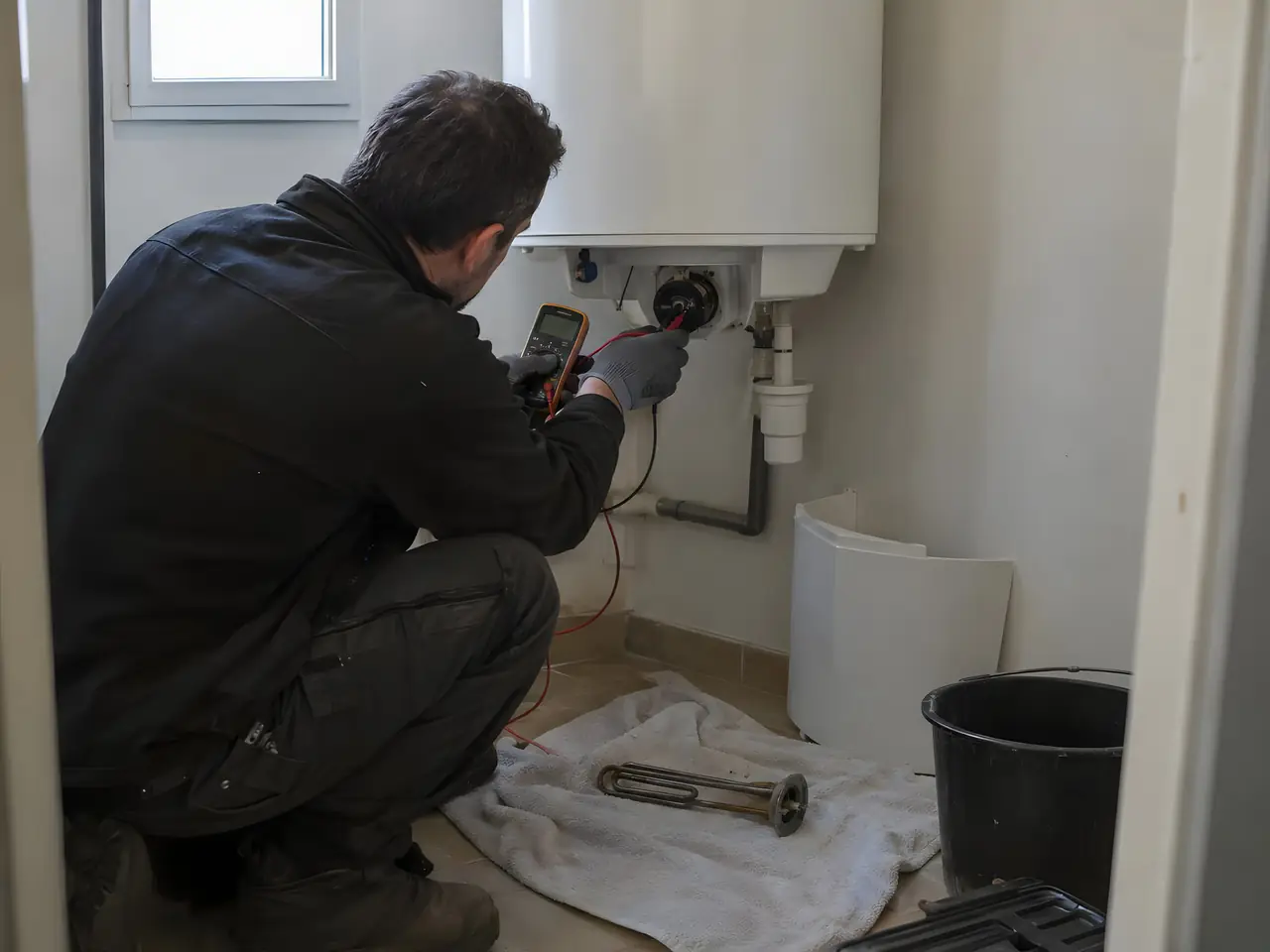 Technicien accroupi qui teste au multimètre le dessous d'un chauffe-eau, vieille résistance posée sur un chiffon