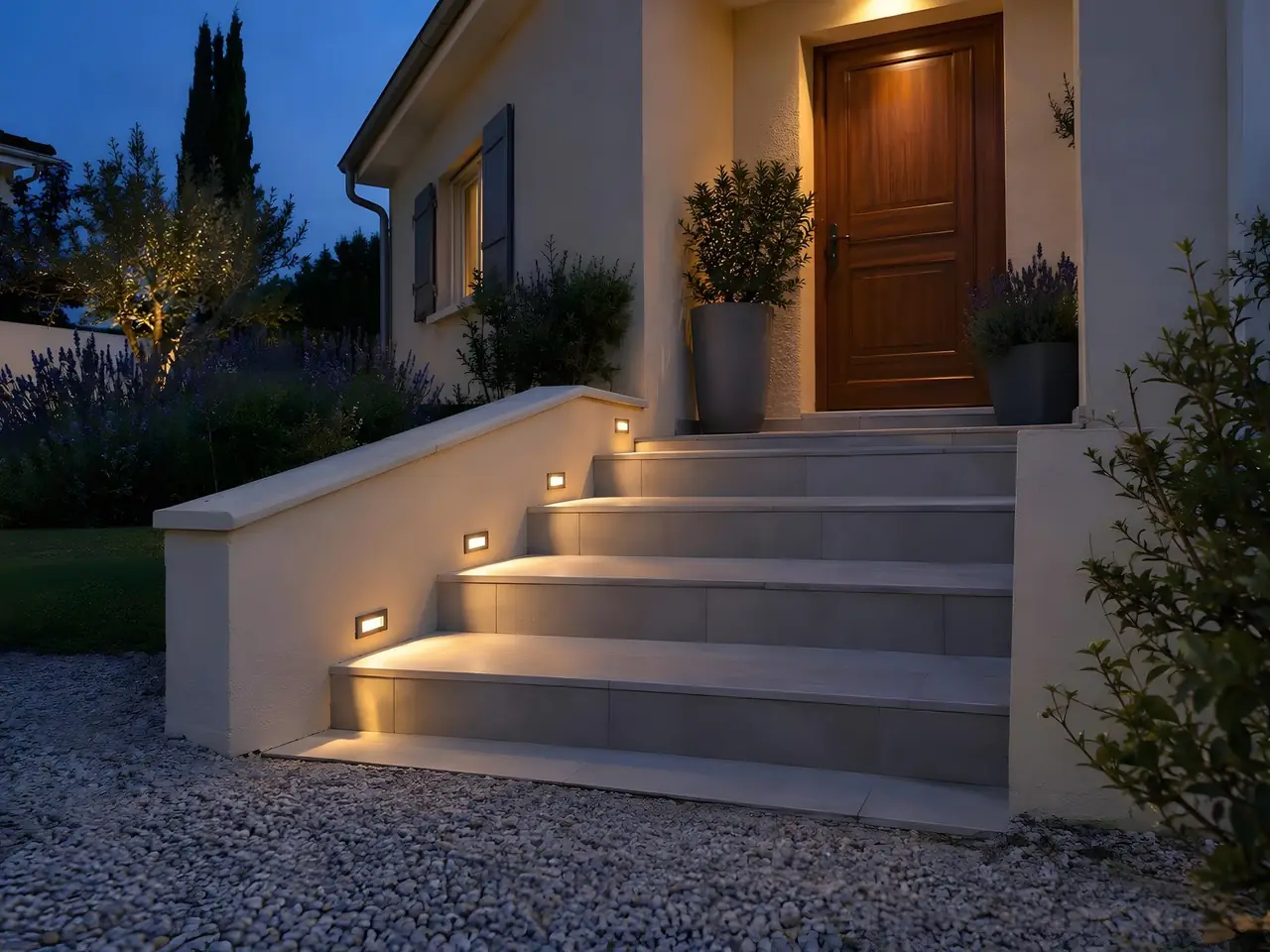 Escalier extérieur carrelé gris clair au crépuscule, petits spots encastrés dans le muret éclairant chaque marche