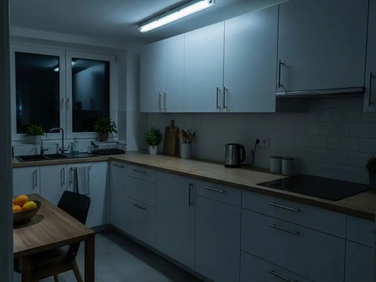 Cuisine le soir sous un vieux tube au plafond : lumière froide, plan de travail dans l'ombre des meubles hauts