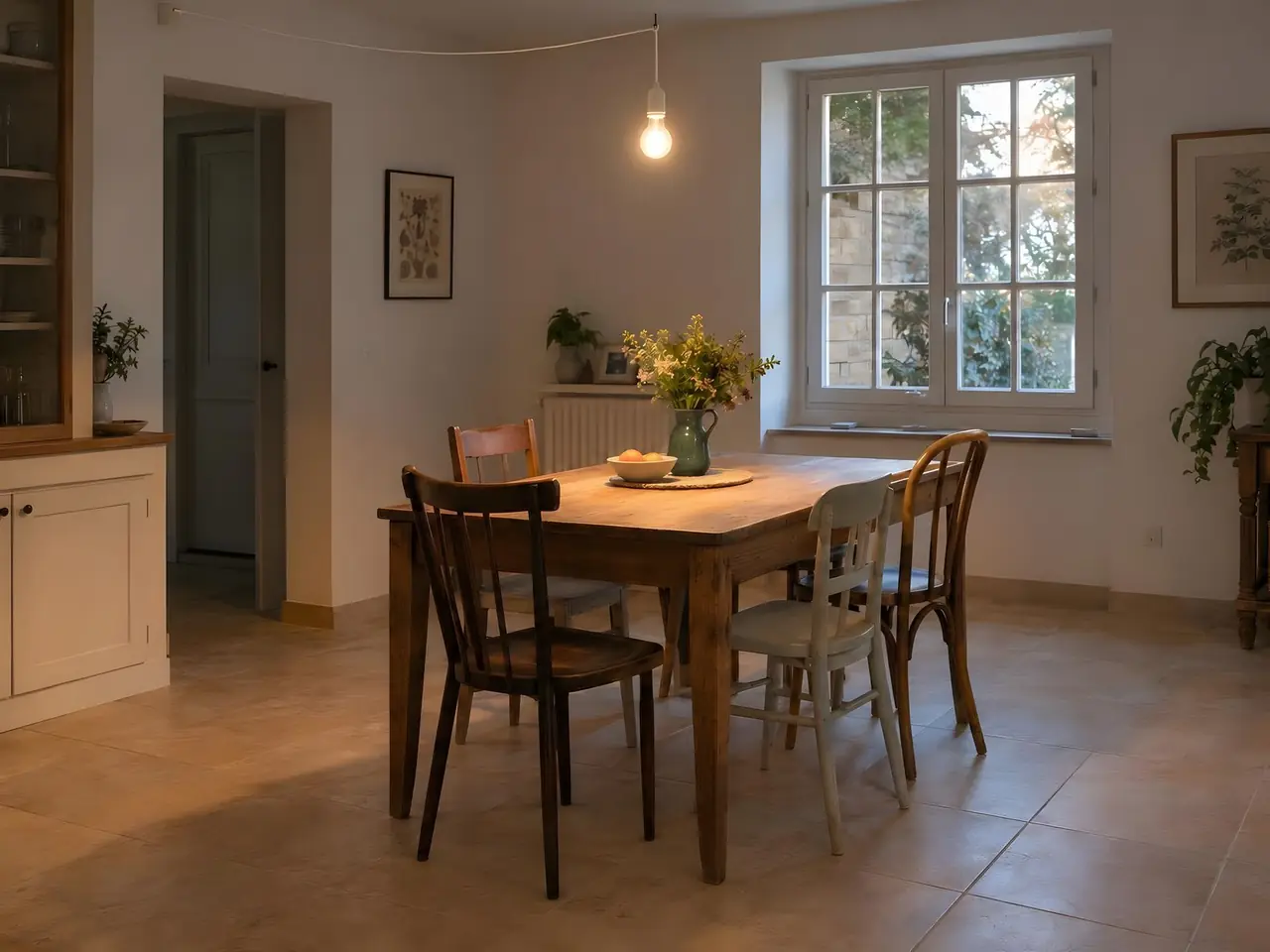 Coin repas, table en bois et chaises dépareillées sous une ampoule nue, fil blanc tendu en travers du plafond
