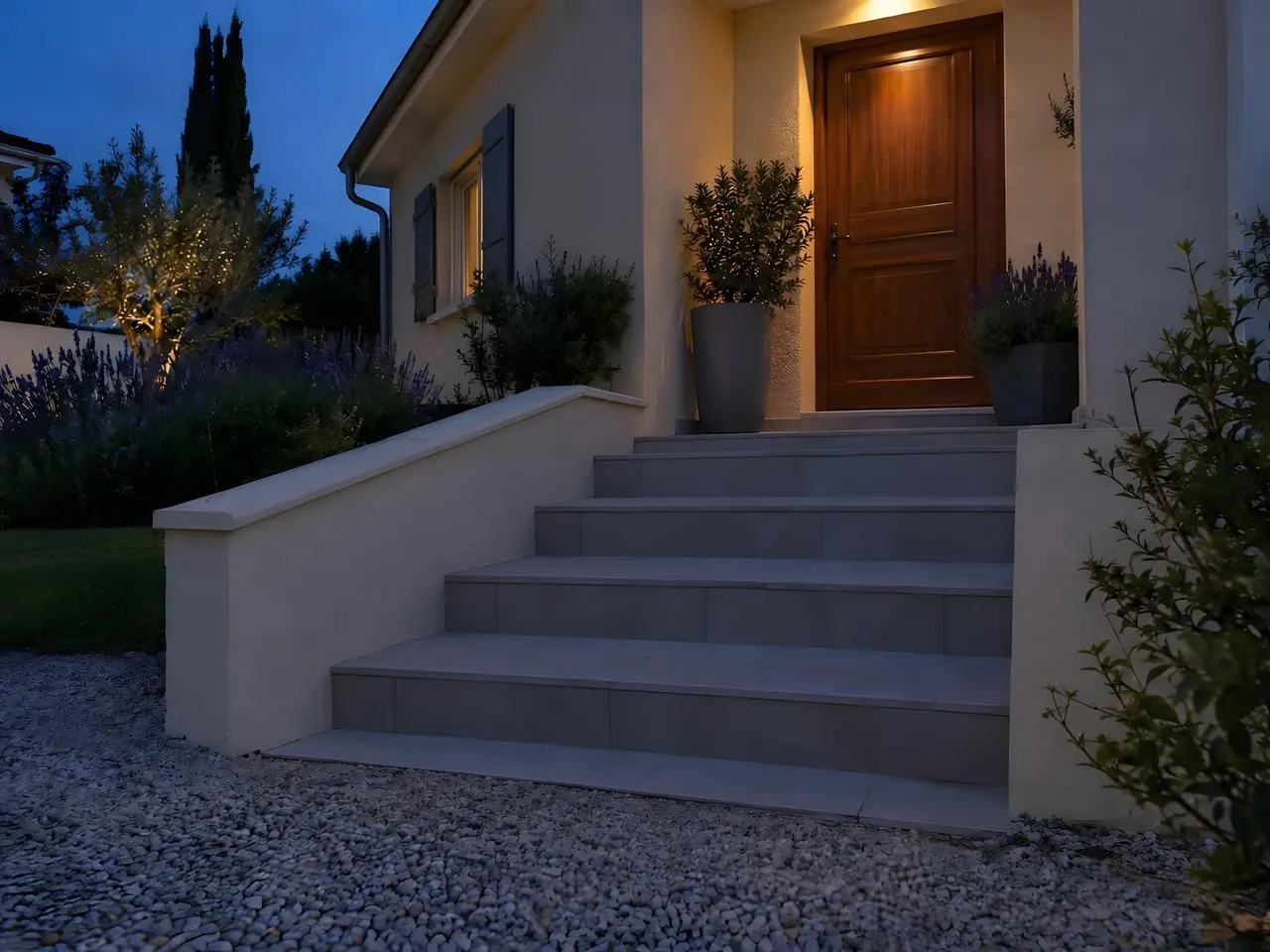 Escalier extérieur carrelé gris clair le long d'un muret beige au crépuscule, marches dans l'ombre, porte en bois