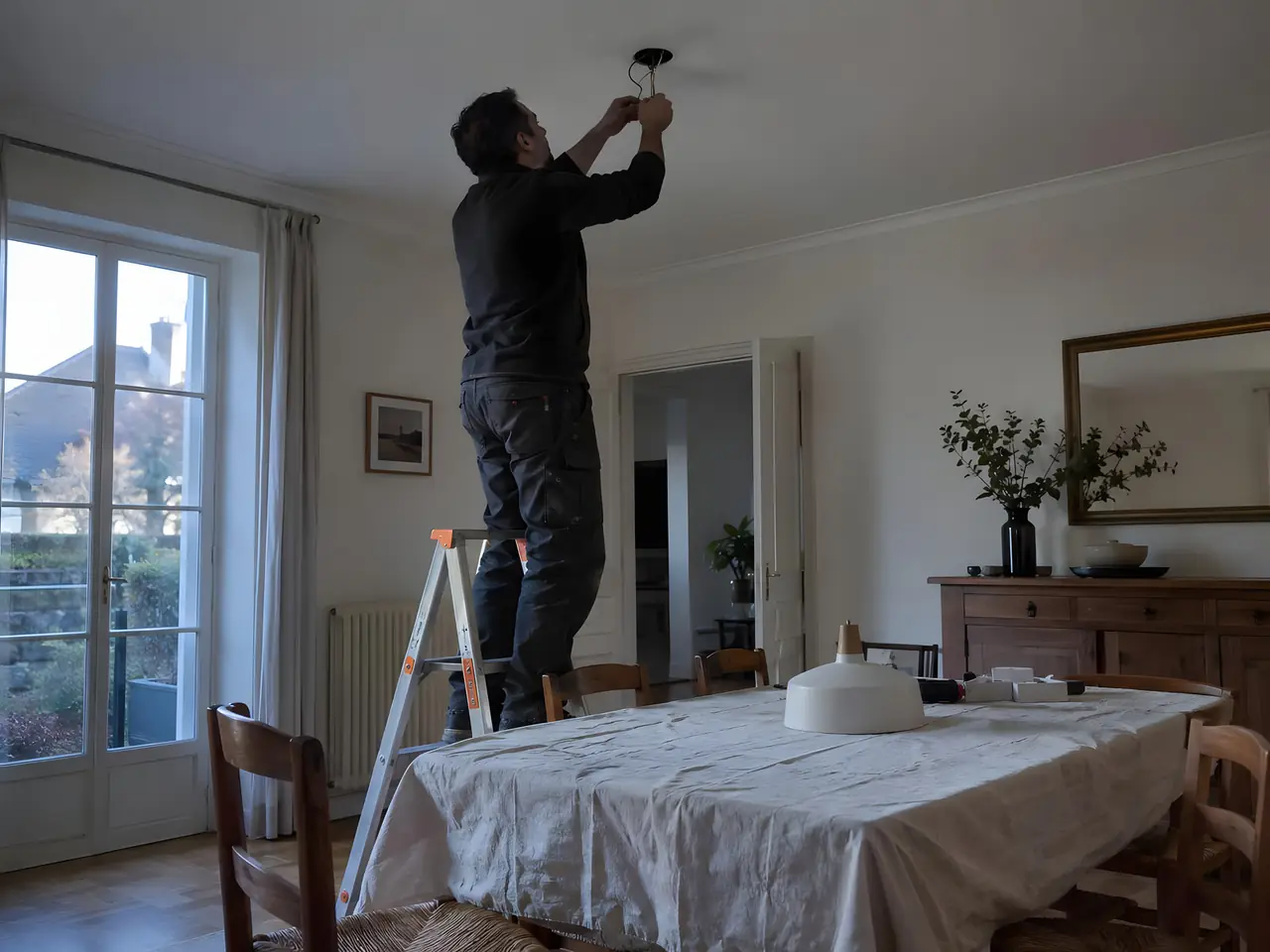 Électricien sur un escabeau qui raccorde les fils au plafond d'une salle à manger, la suspension posée sur la table bâchée