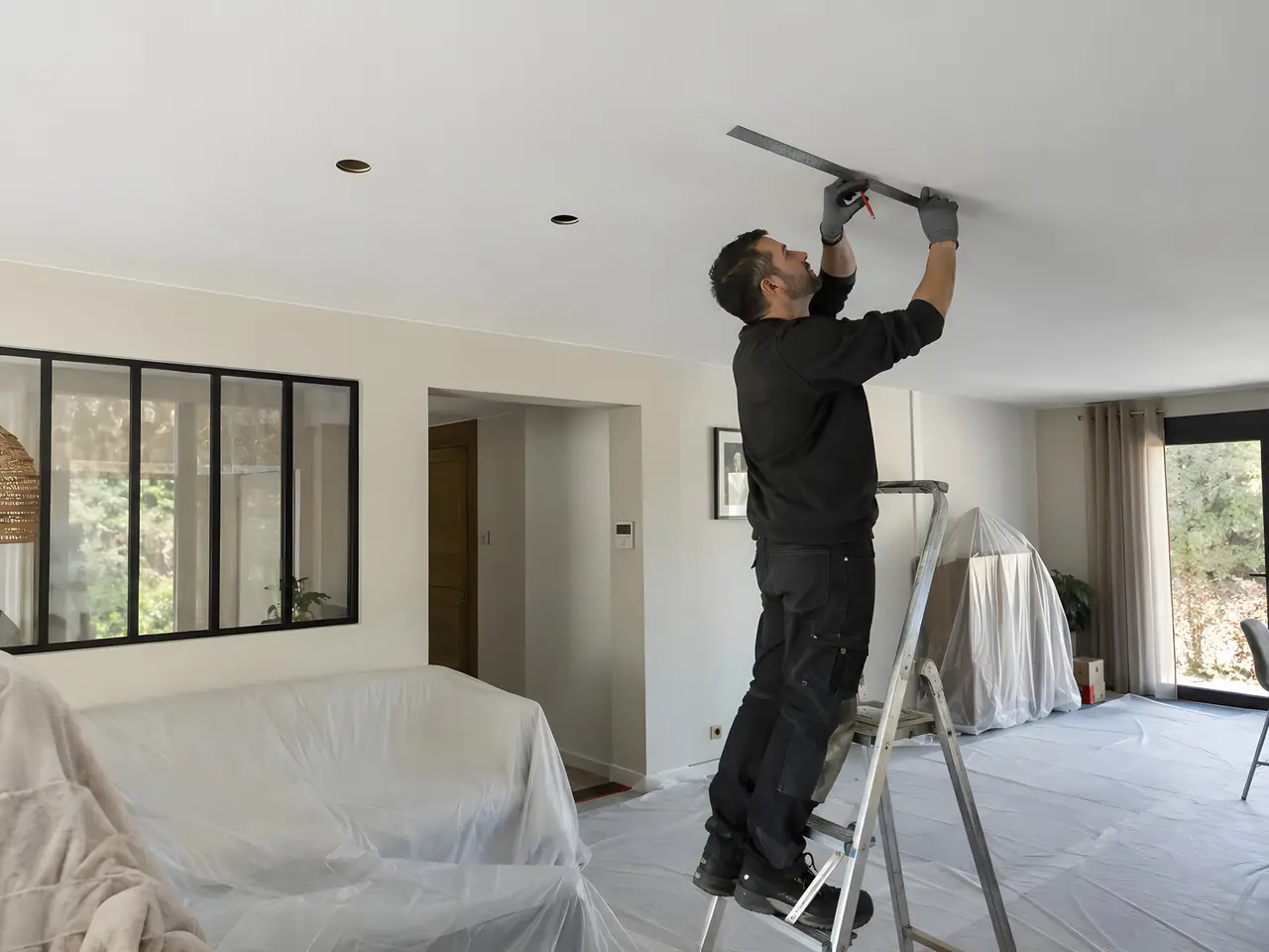 Électricien sur un escabeau qui trace au réglet sur le plafond d'un séjour bâché, spots encastrés déjà posés