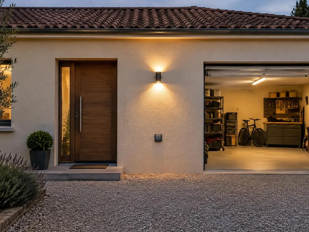 Pavillon aux tuiles rondes au crépuscule : applique allumée près de la porte en bois, garage ouvert et éclairé