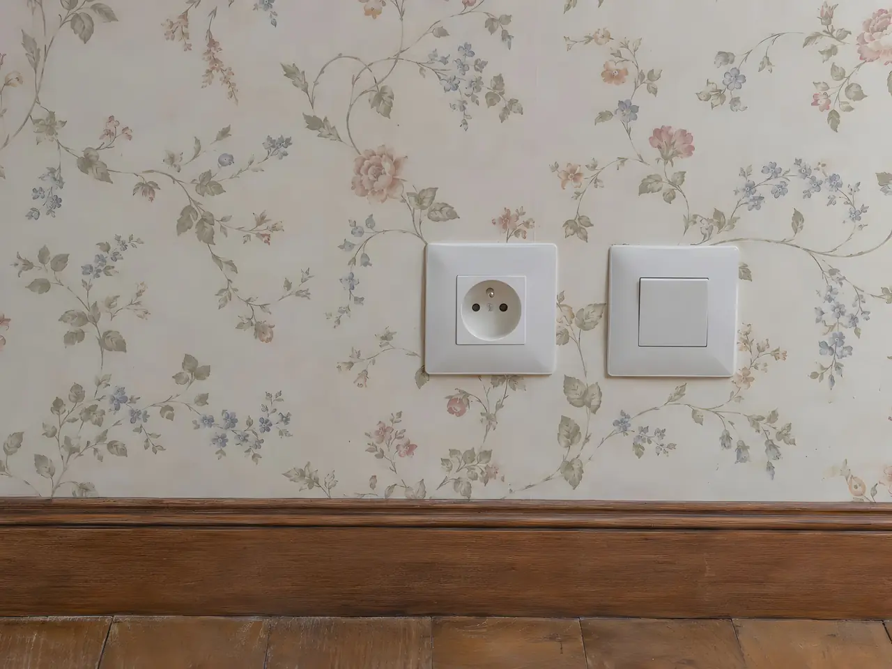 Papier peint fleuri fané : prise et interrupteur blancs modernes encastrés au-dessus d'une plinthe en bois