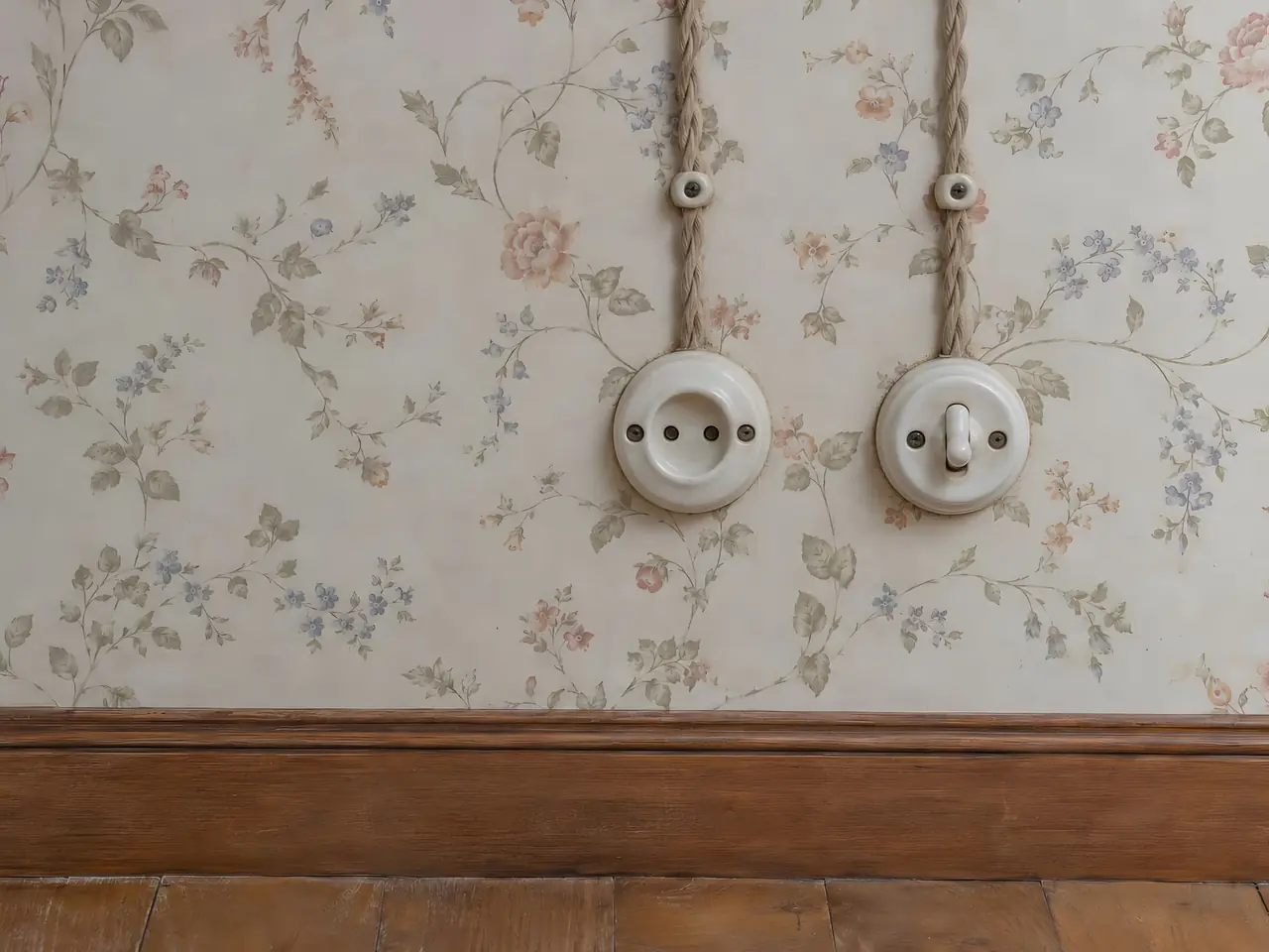Papier peint fleuri fané : vieille prise et interrupteur à bouton en porcelaine, fils torsadés apparents