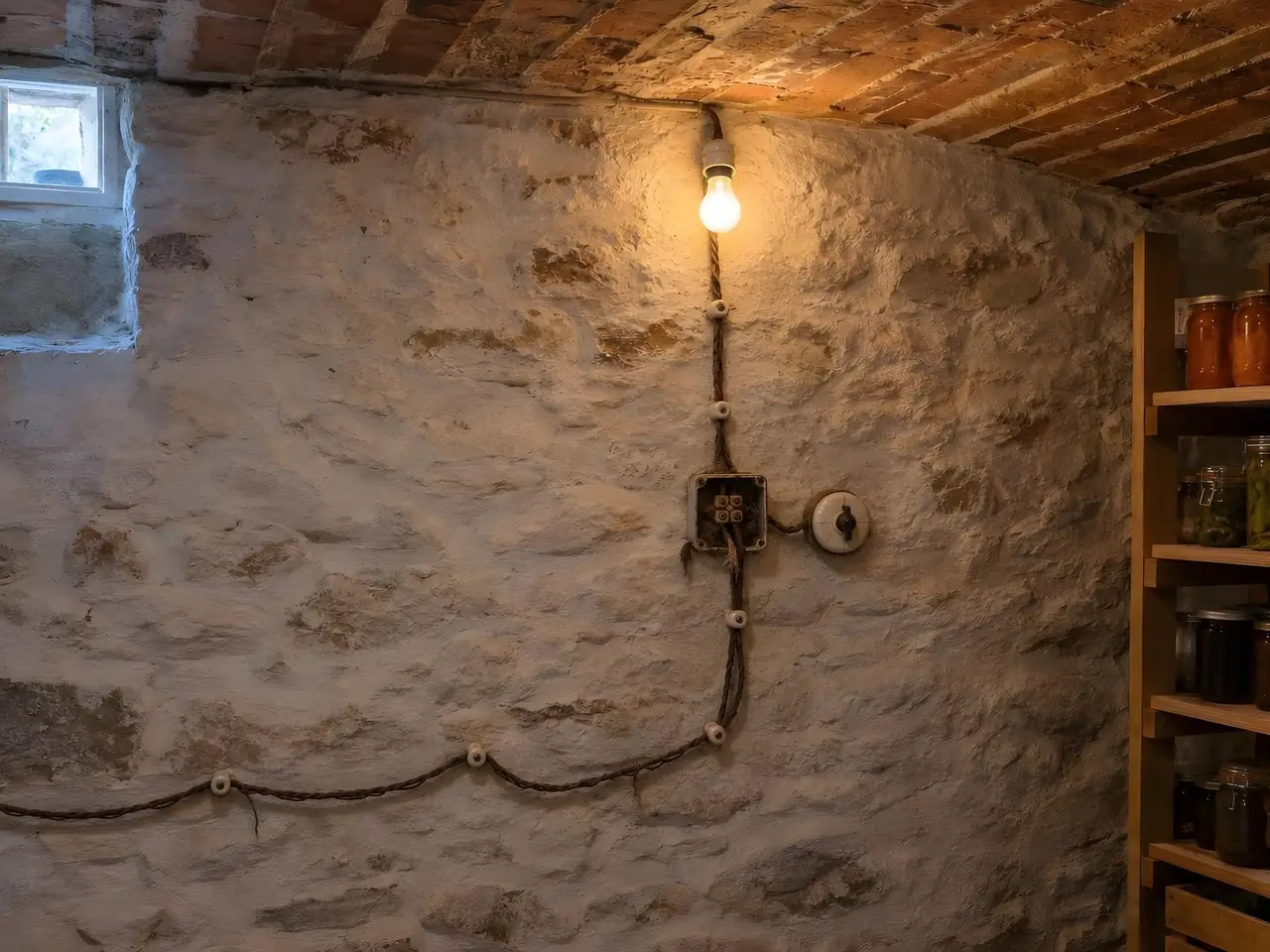 Mur de cave en pierre chaulée, ampoule nue sur douille en porcelaine, fils sous tissu et boîte ouverte à dominos