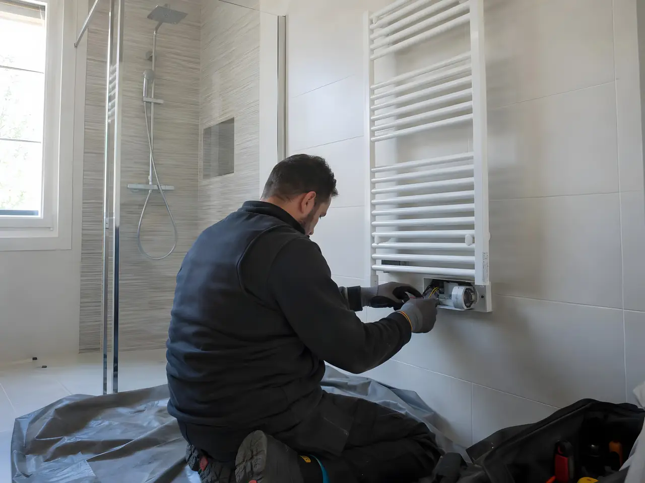 Électricien à genoux qui raccorde un sèche-serviettes blanc dans une salle de bains carrelée, près de la douche vitrée