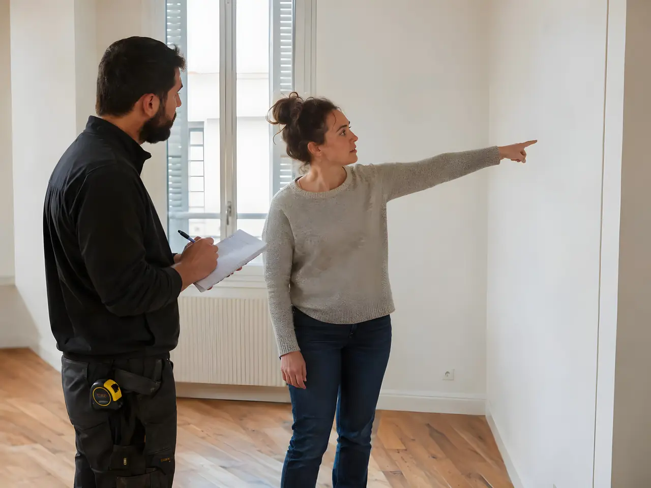 Électricien qui prend des notes sur un bloc pendant que la propriétaire lui montre un mur dans une pièce vide
