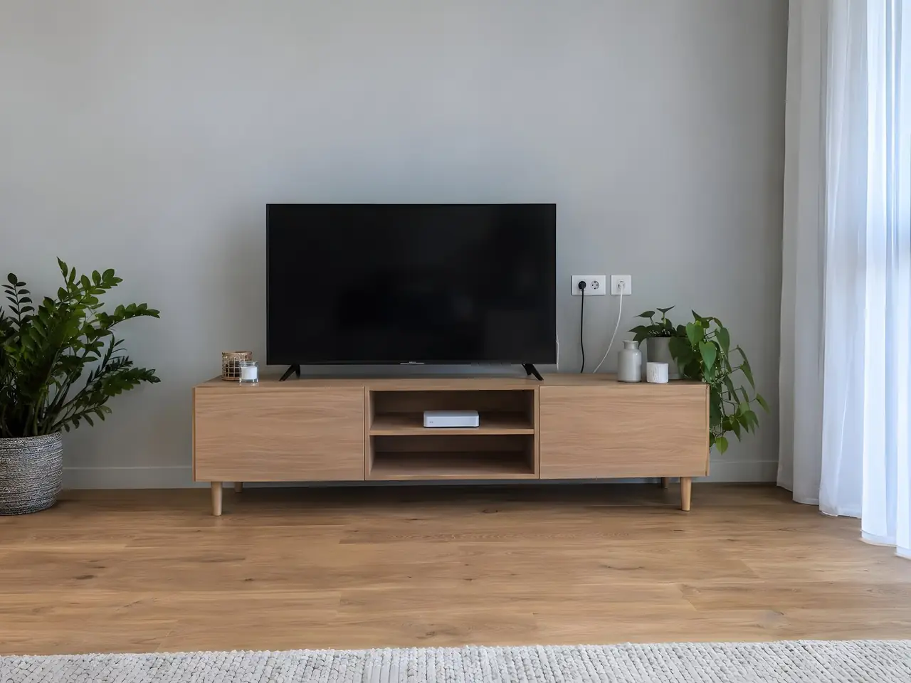 Meuble télé en bois clair contre un mur gris, double prise et prise d'antenne encastrées à côté de la télévision