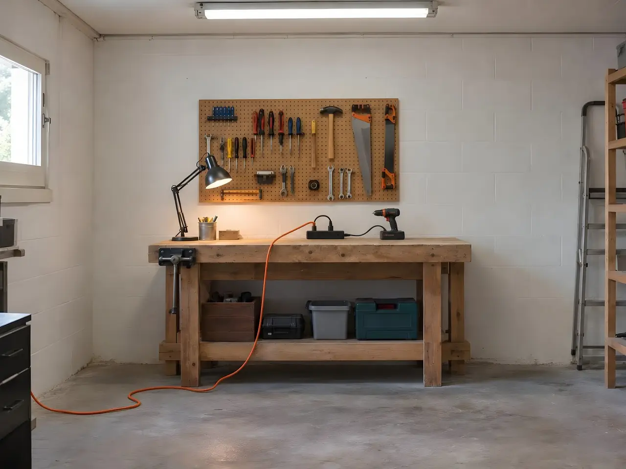 Établi en bois sous un panneau perforé à outils, rallonge orange qui traverse le sol jusqu'à une multiprise noire
