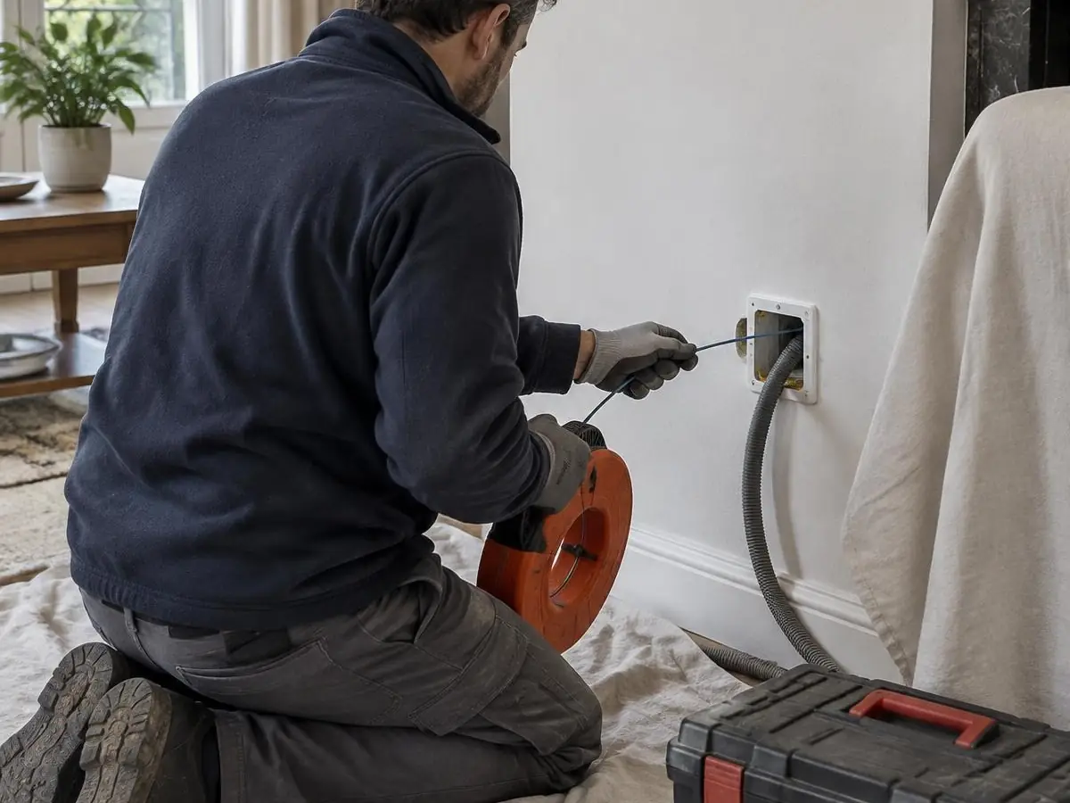 Électricien à genoux sur une bâche, tire-fil orange en main, qui passe un câble jusqu'à une boîte murale