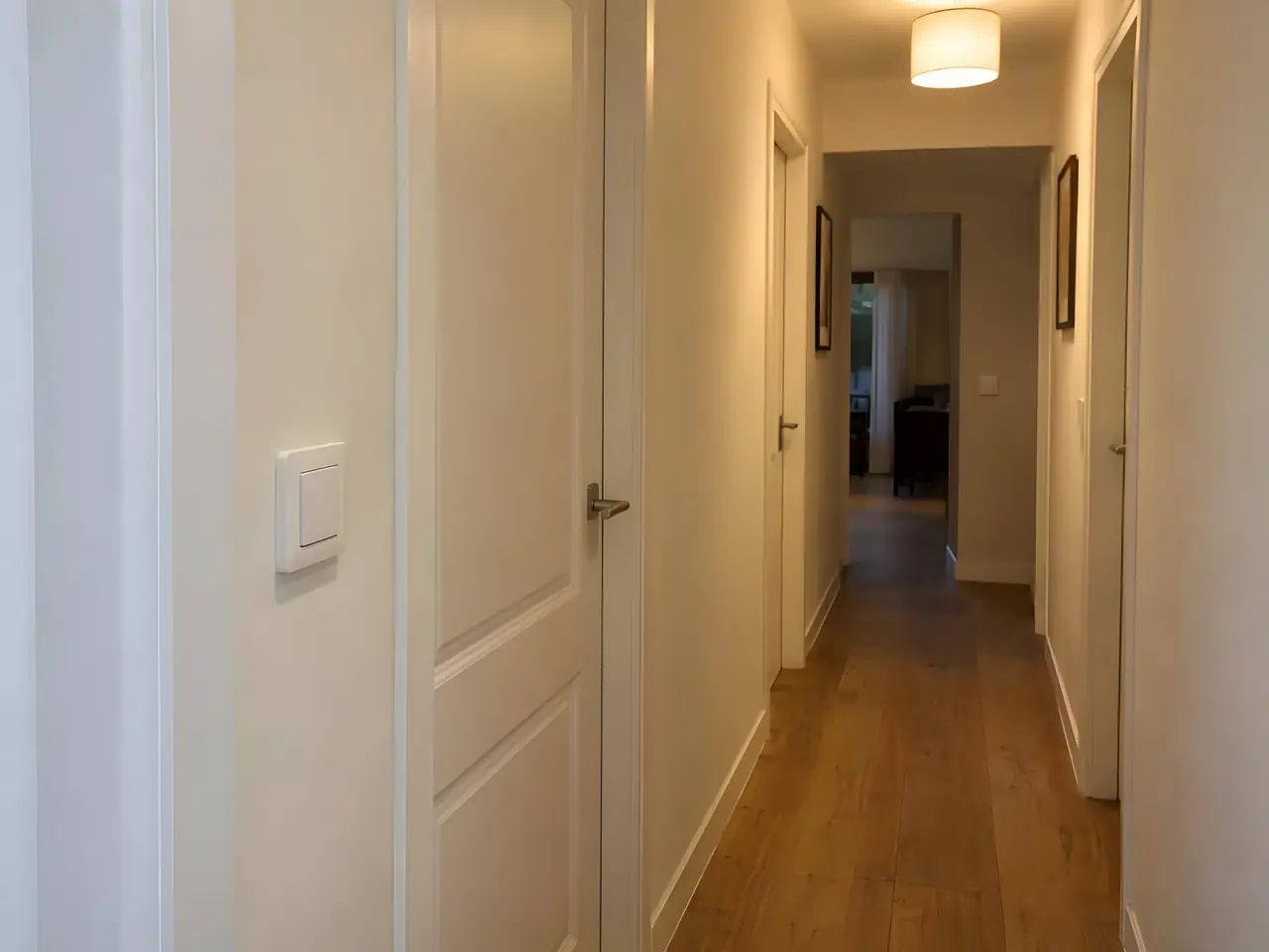 Couloir aux murs clairs et au parquet, plafonnier allumé et interrupteur blanc neuf posé près d'une porte