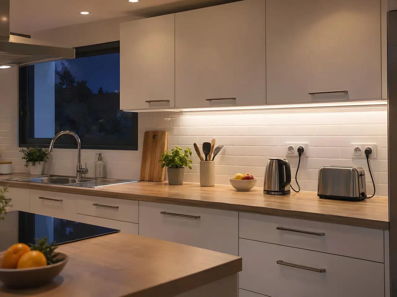 Cuisine blanche le soir : réglette lumineuse sous les meubles hauts et prises sur la crédence en carrelage blanc