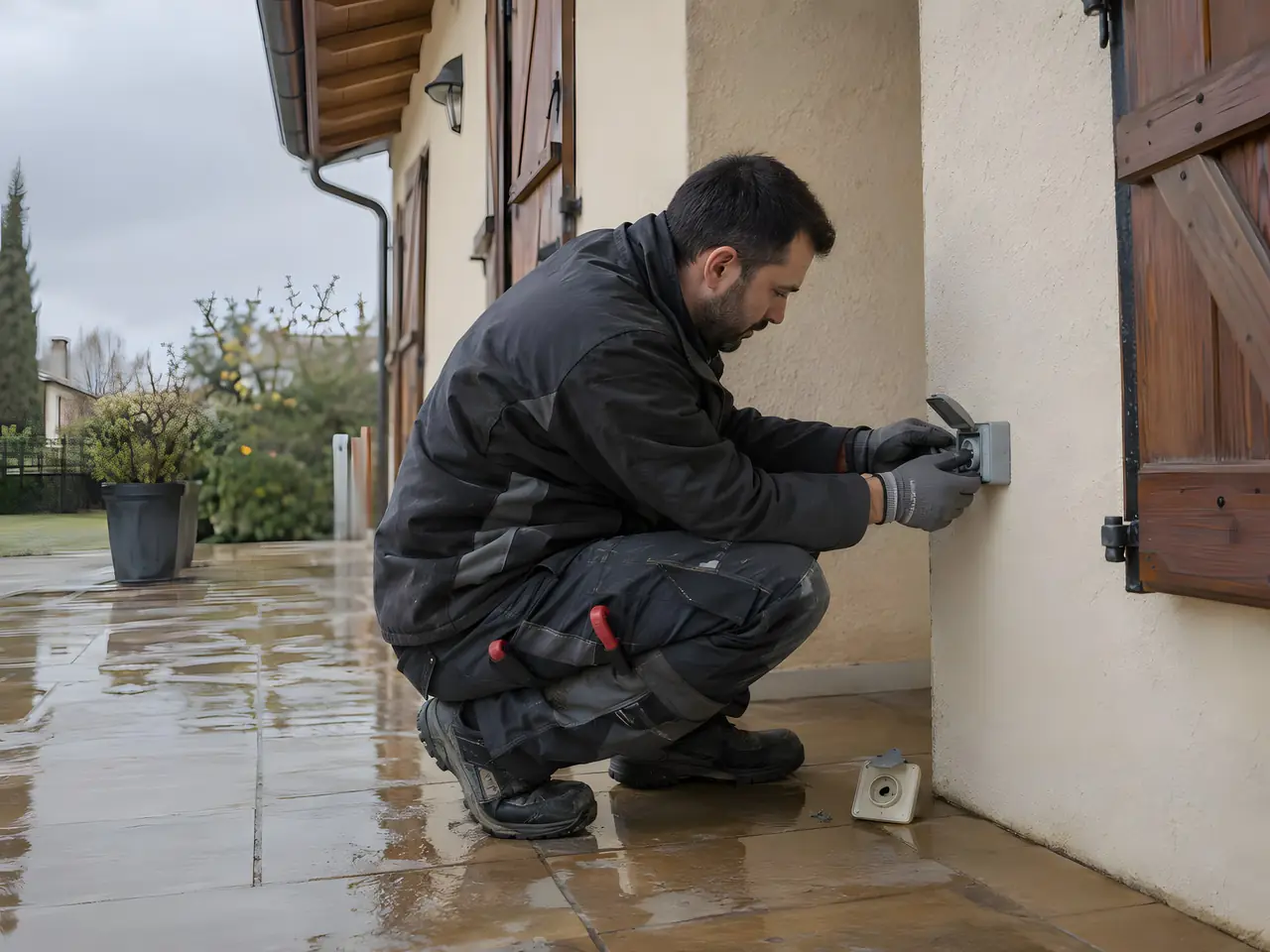 Électricien accroupi sur une terrasse mouillée qui fixe une prise étanche grise au mur enduit, près d'un volet en bois