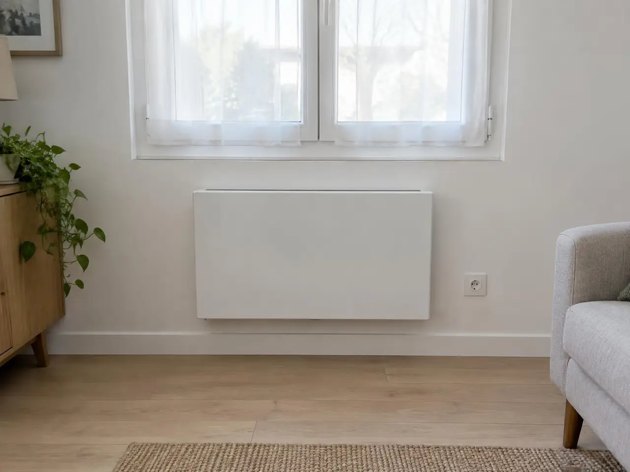 Le même mur sous la fenêtre à voilages : un radiateur neuf, blanc et plat, fixé de niveau