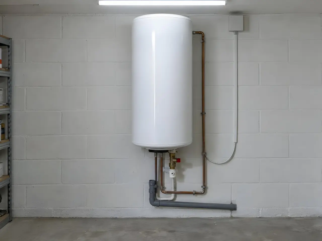 Chauffe-eau blanc neuf fixé à un mur en parpaings, tuyaux en cuivre droits et câble montant dans une goulotte