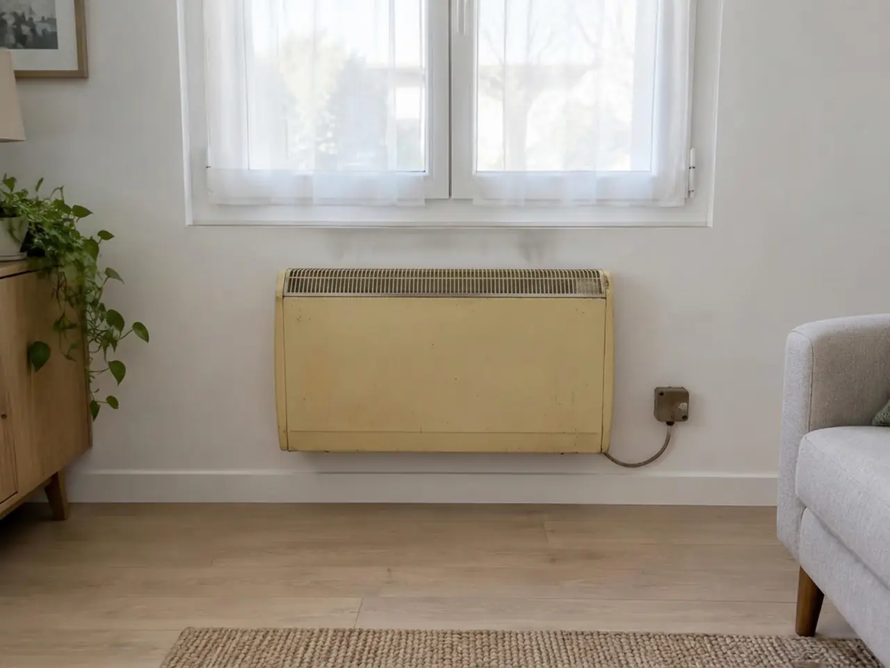 Ancien convecteur crème à grille sous une fenêtre à voilages, mur noirci au-dessus, boîtier de raccord rouillé