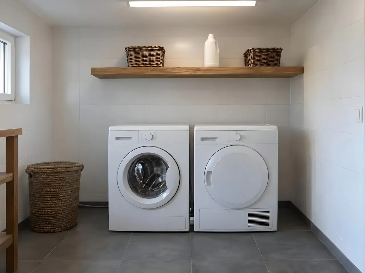 Buanderie carrelée de blanc, lave-linge et sèche-linge côte à côte sous une étagère en bois, aucune prise au mur