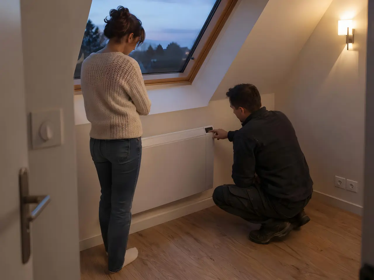 Électricien accroupi qui règle un radiateur blanc sous la fenêtre de toit d'une chambre mansardée, devant la propriétaire