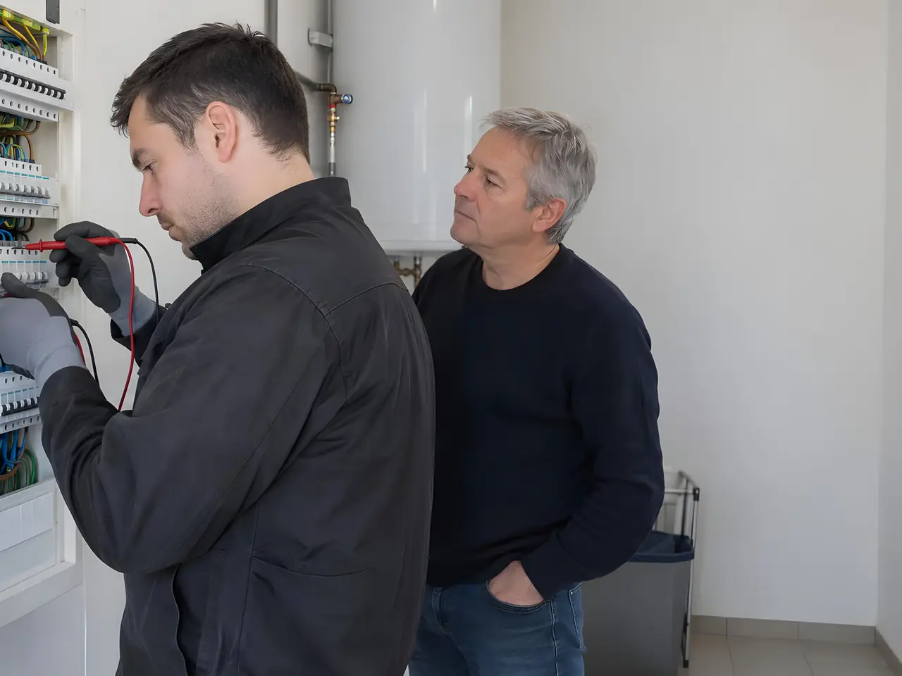 Électricien ganté qui teste au tournevis testeur un tableau électrique ouvert, sous le regard du propriétaire