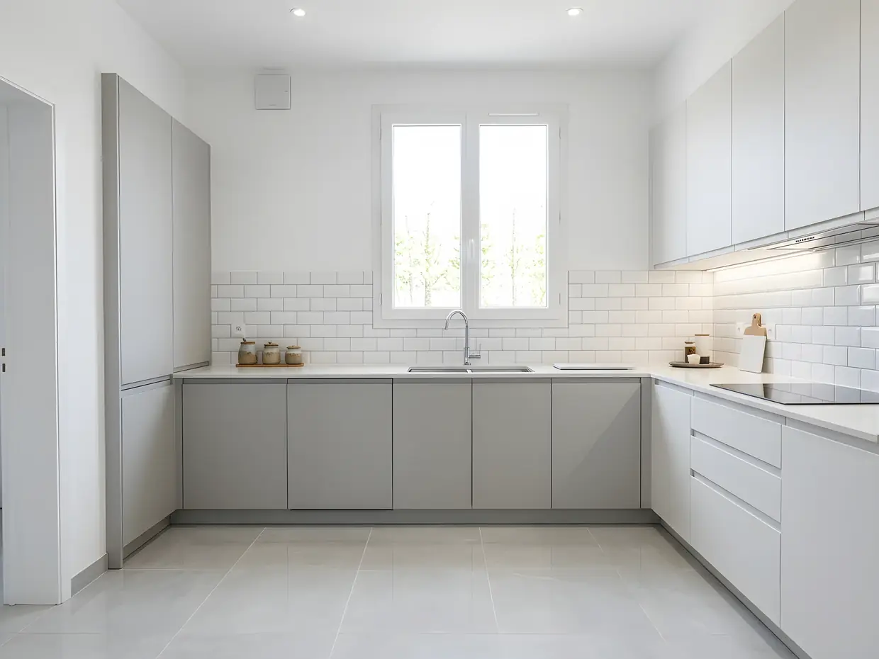Cuisine blanche refaite : plaque de cuisson sur le plan, four en colonne à droite, prises au-dessus de la crédence