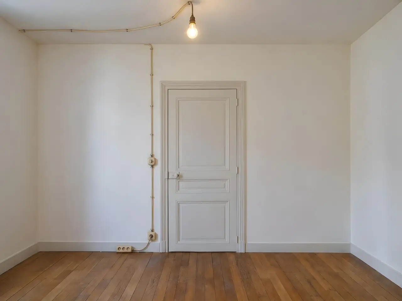 Chambre blanche, fils apparents jusqu'à une ampoule nue au plafond, interrupteur rond en saillie près de la porte