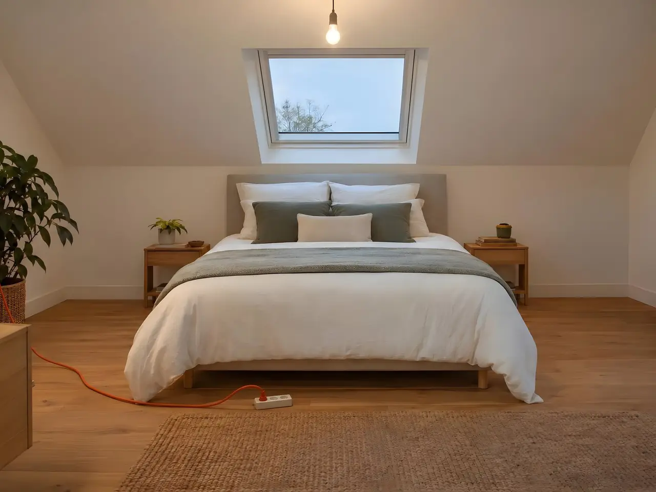 Chambre sous les toits, lit double sous une fenêtre de toit, ampoule nue au plafond, rallonge orange au pied du lit
