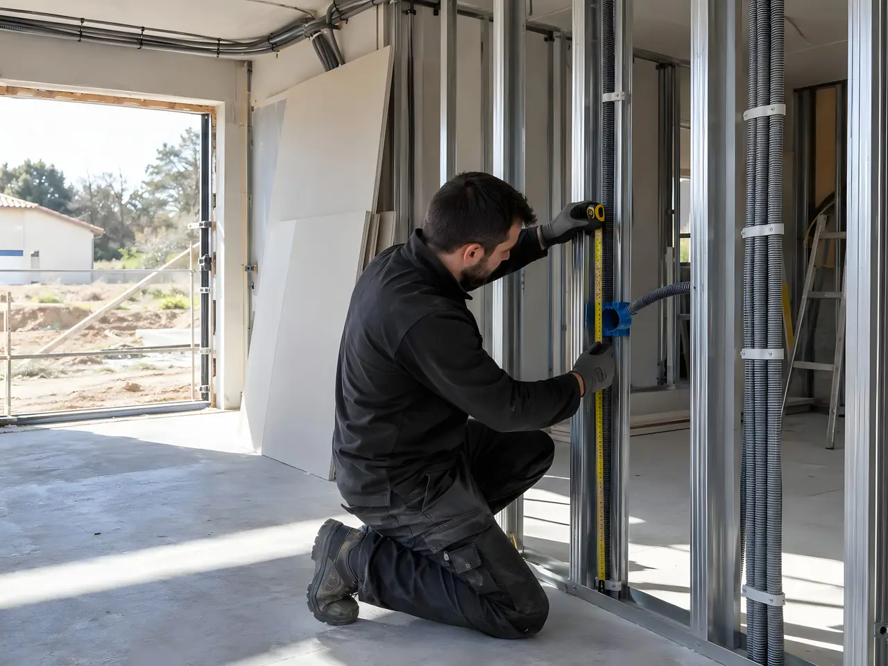 Électricien à genoux qui fixe une boîte bleue dans une cloison à ossature métallique ouverte, gaines aux montants
