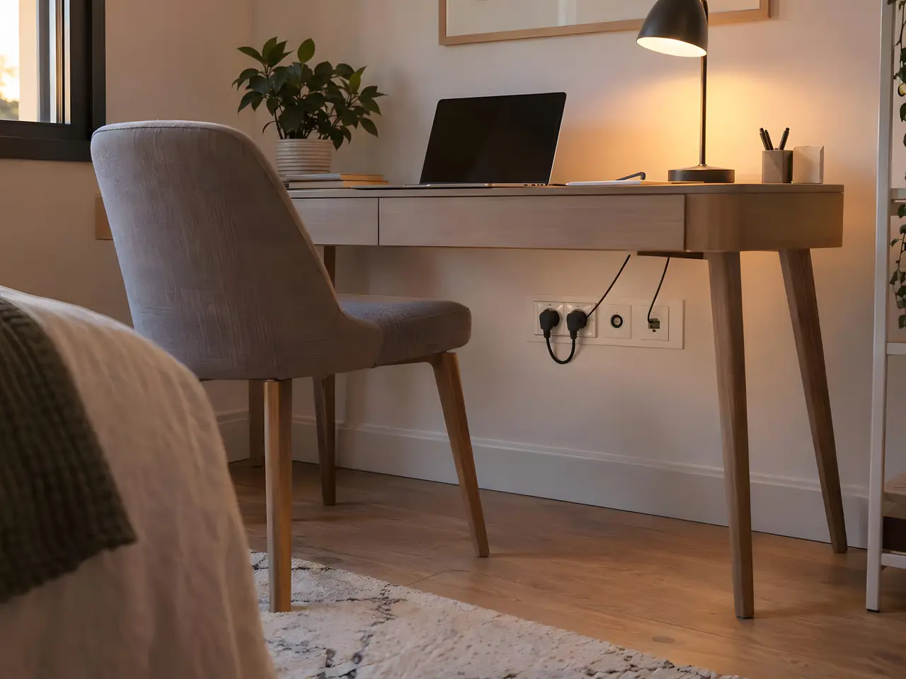 Bureau en bois dans une chambre, bloc de prises blanches au-dessus de la plinthe avec les chargeurs branchés