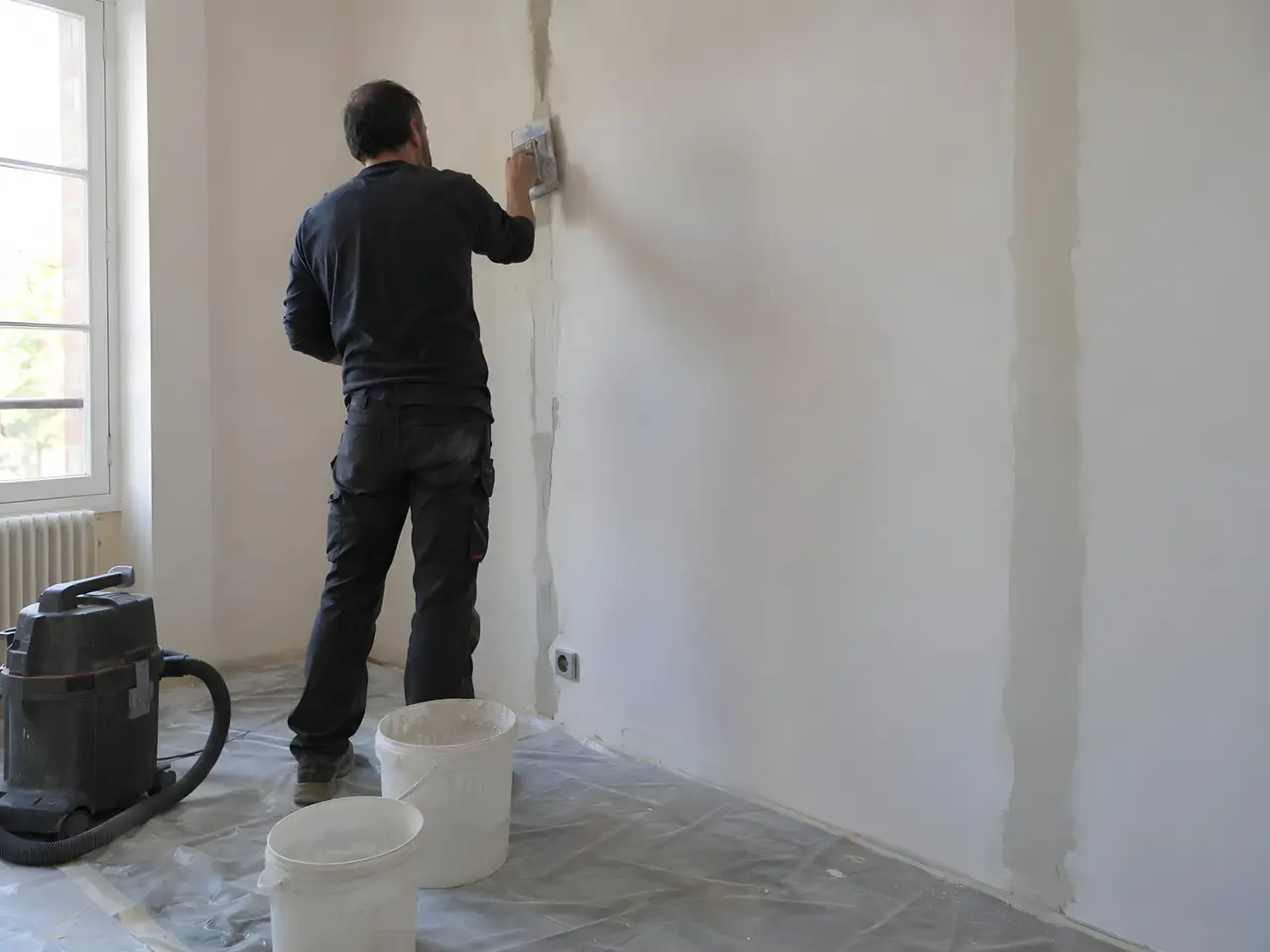 Électricien qui rebouche à l'enduit les saignées d'un mur blanc, sol bâché, seaux et aspirateur de chantier à ses pieds