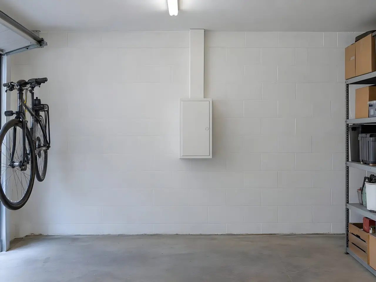 Mur de garage blanc dégagé, coffret électrique blanc fermé sous une goulotte droite montant au plafond, vélo et étagère