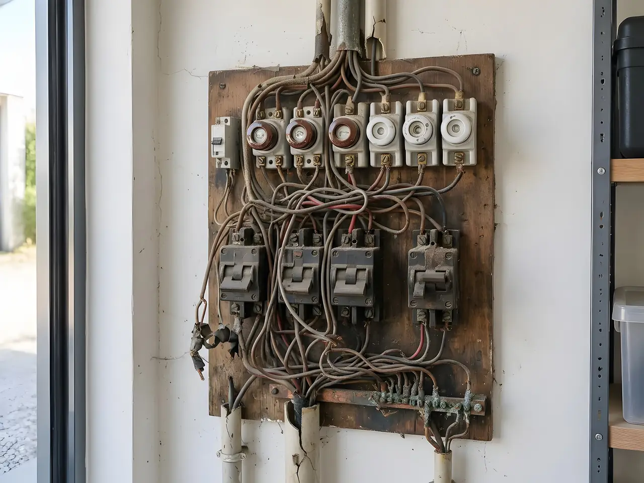 Porte-fusibles anciens et interrupteurs noircis vissés sur une planche, fils gainés emmêlés en dessous
