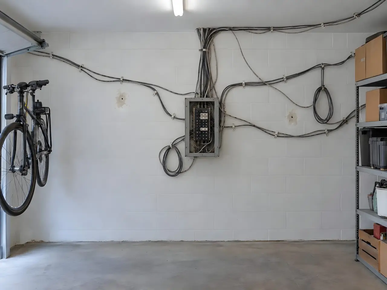 Mur de garage blanc couvert de câbles gris en boucles autour d'un vieux tableau sans porte, vélo accroché et étagère