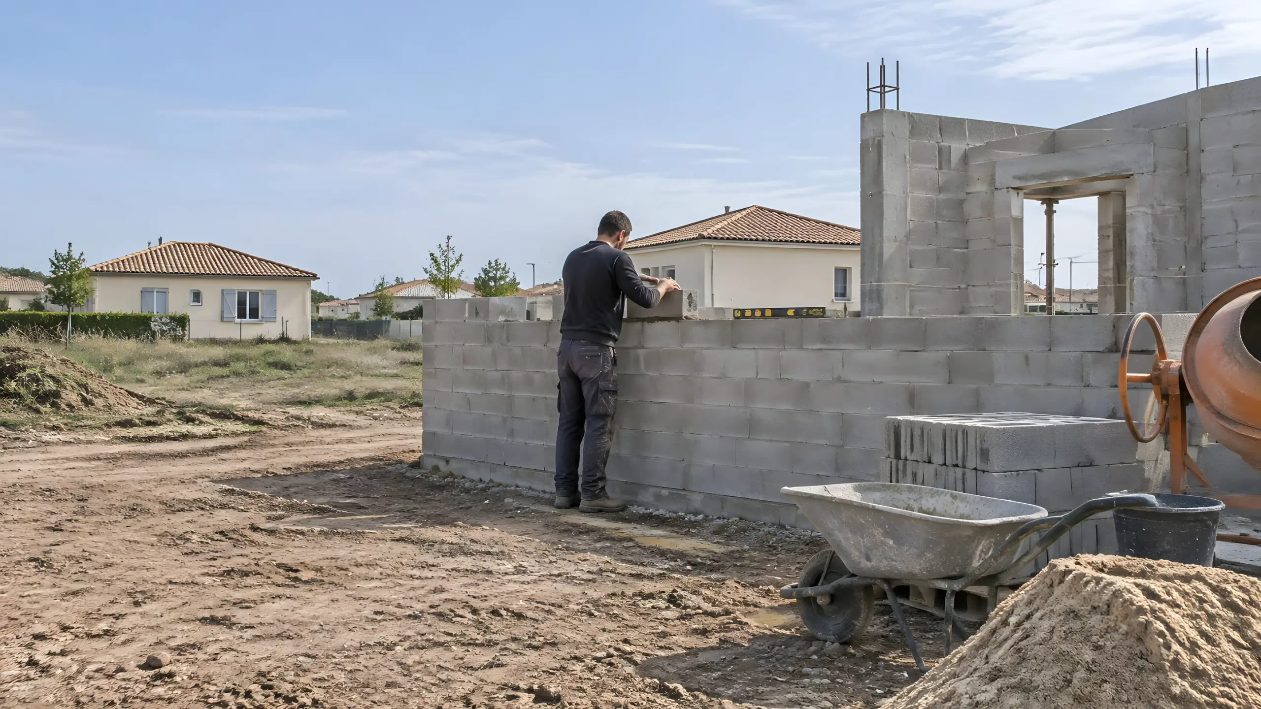Maçon qui monte un mur en parpaings sur le chantier d’une maison de plain-pied, bétonnière et brouette à côté