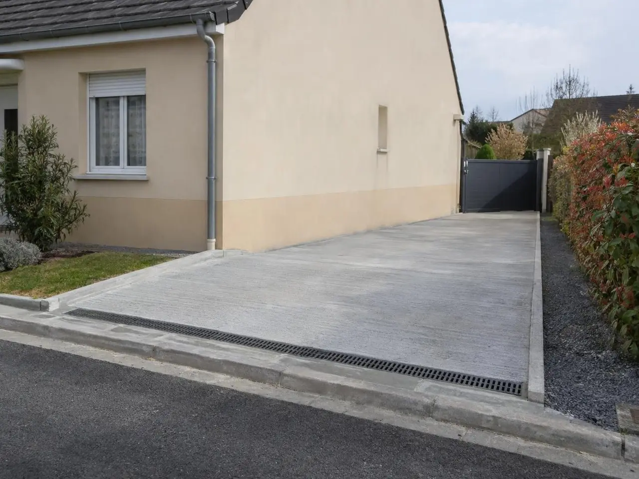 Place de parking en béton balayé gris clair le long d'un pavillon beige, grille d'évacuation au bord du trottoir