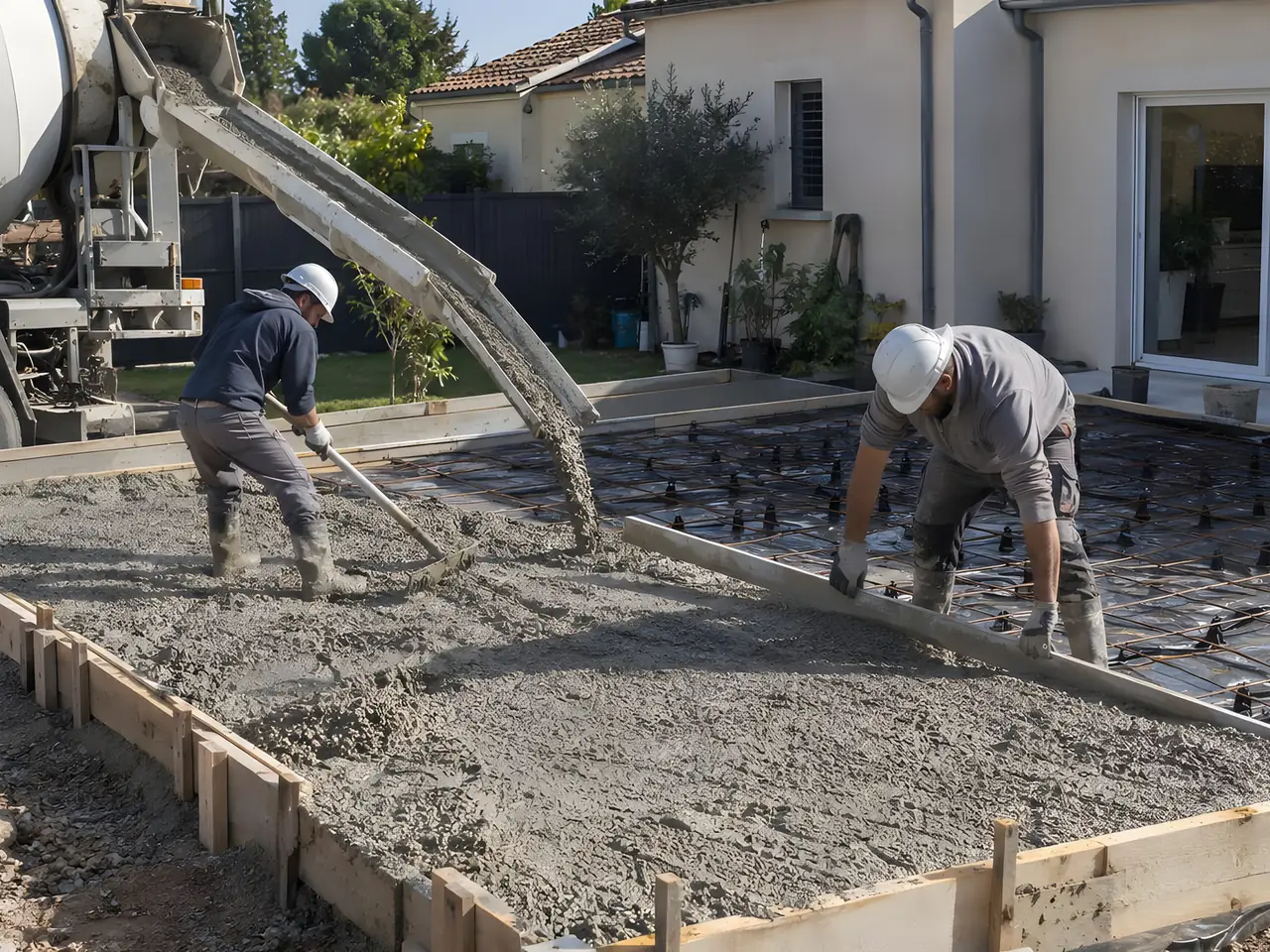 Deux maçons casqués qui étalent le béton versé par une toupie dans un coffrage en planches, au jardin d'un pavillon
