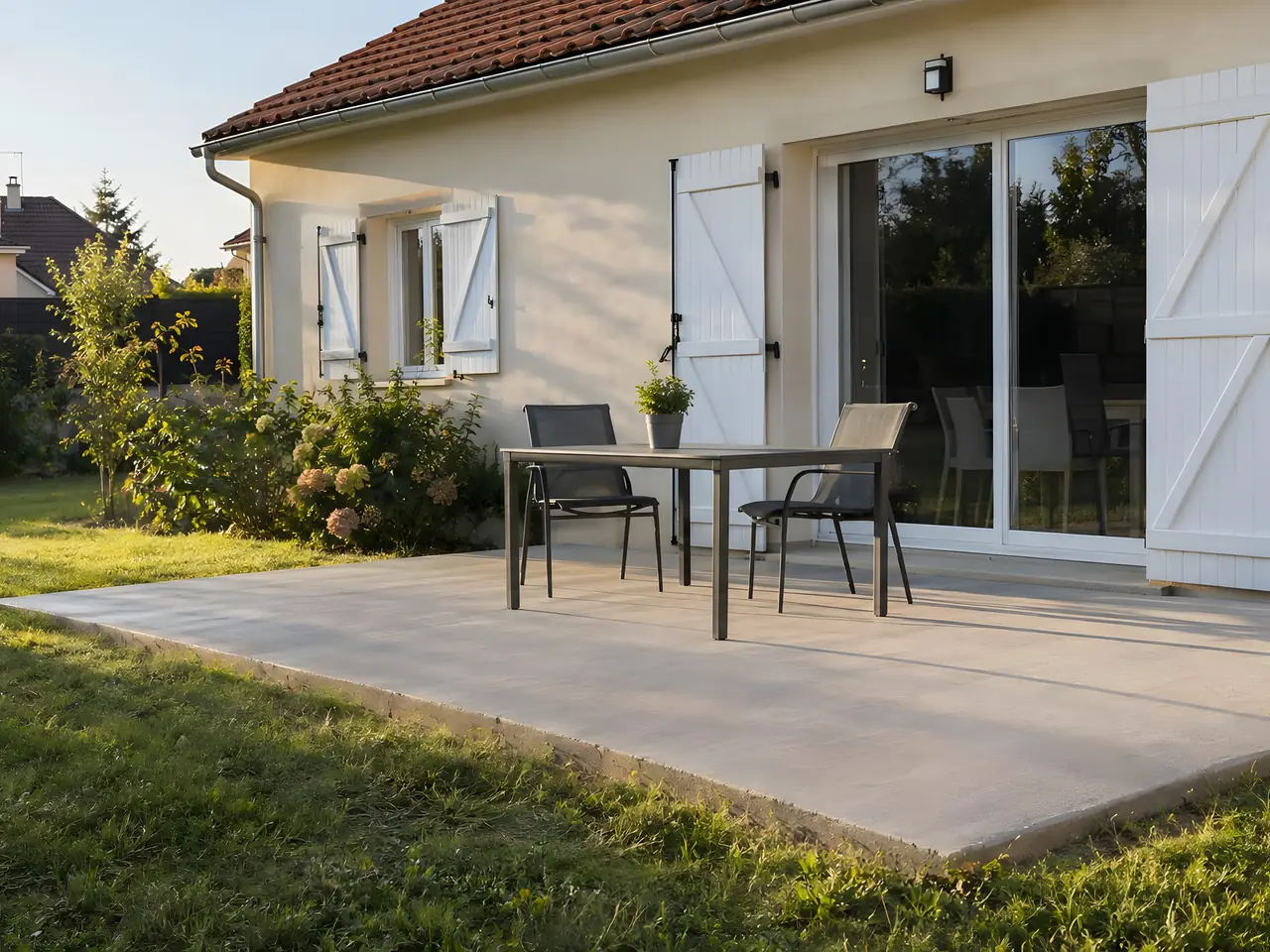 Terrasse en béton lisse devant une baie vitrée aux volets blancs, avec table et deux chaises au bord de la pelouse