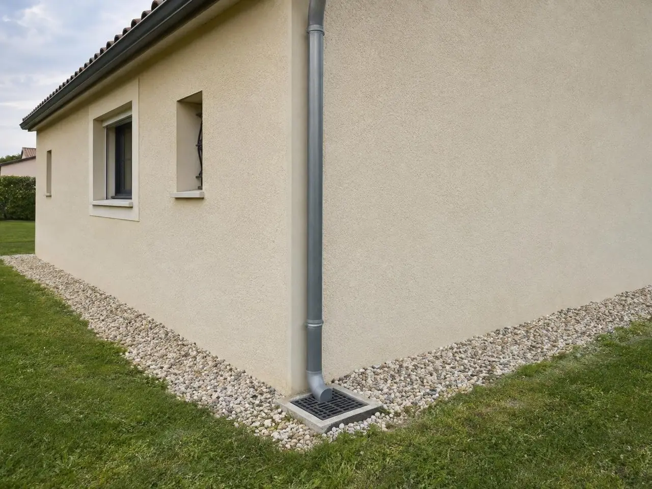 Angle de pavillon en crépi beige uniforme, descente d'eau raccordée à un regard à grille, bande de gravier