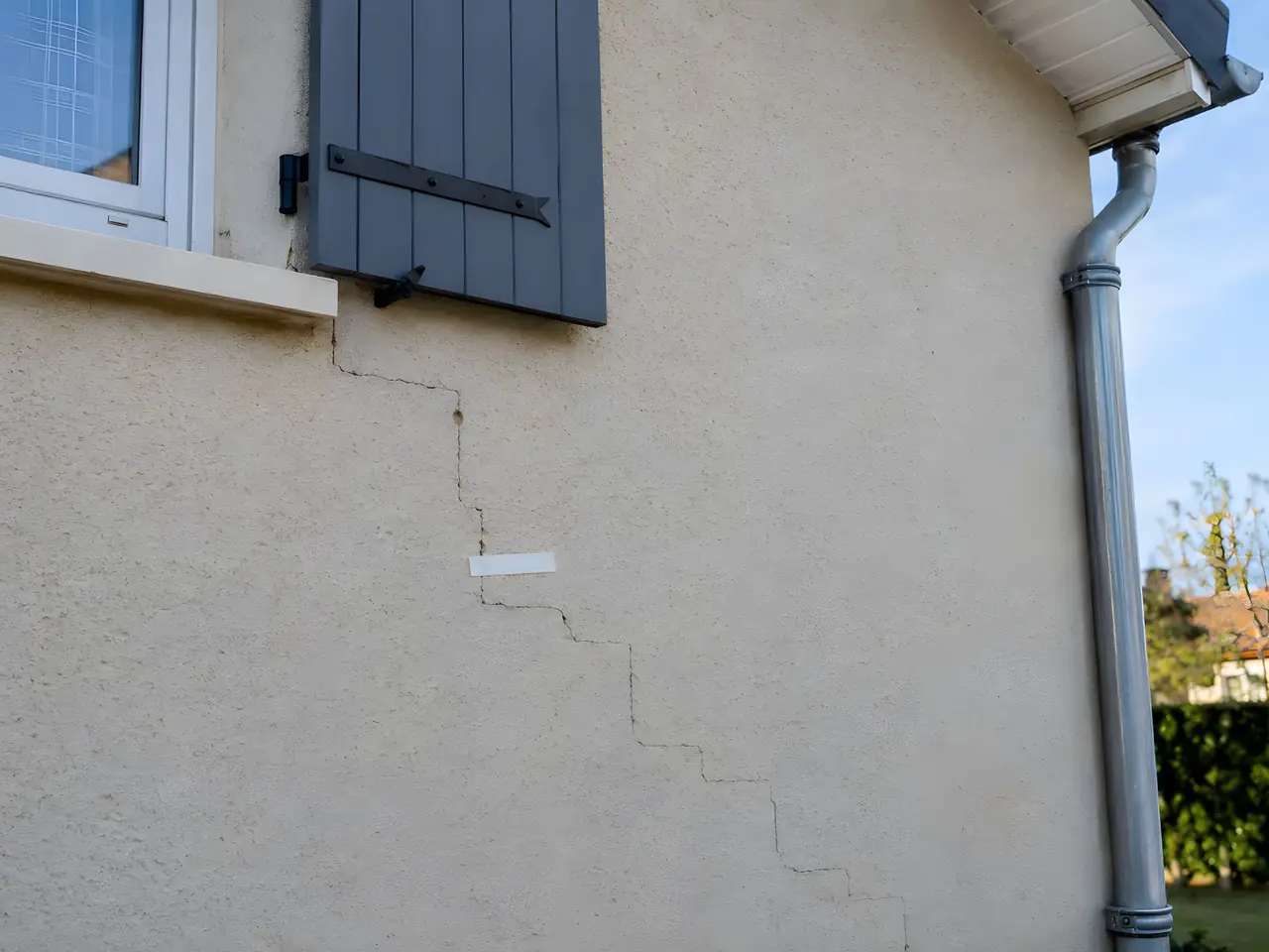 Fissure en escalier qui descend du coin d'une fenêtre sur un pignon enduit beige, un témoin blanc collé en travers