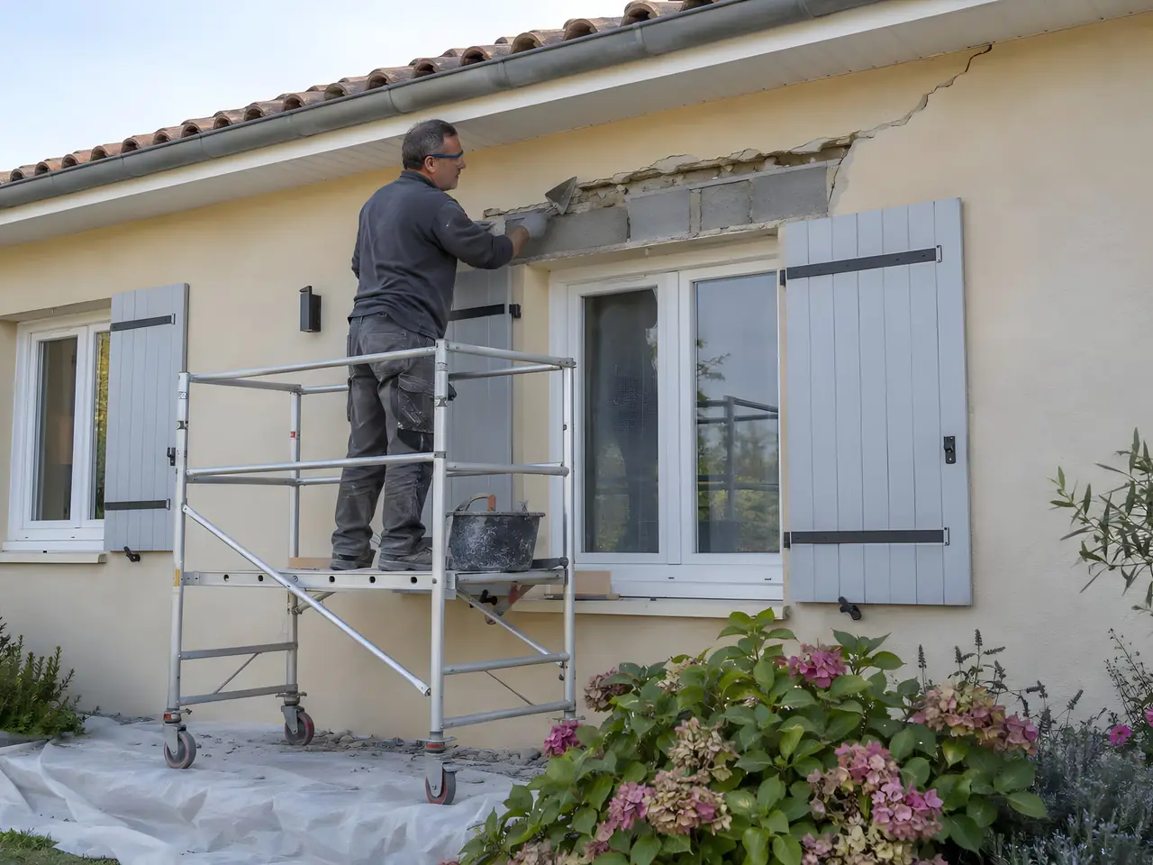Maçon sur un échafaudage roulant qui reprend à la truelle une fissure au-dessus d'une fenêtre, linteau en blocs mis à nu