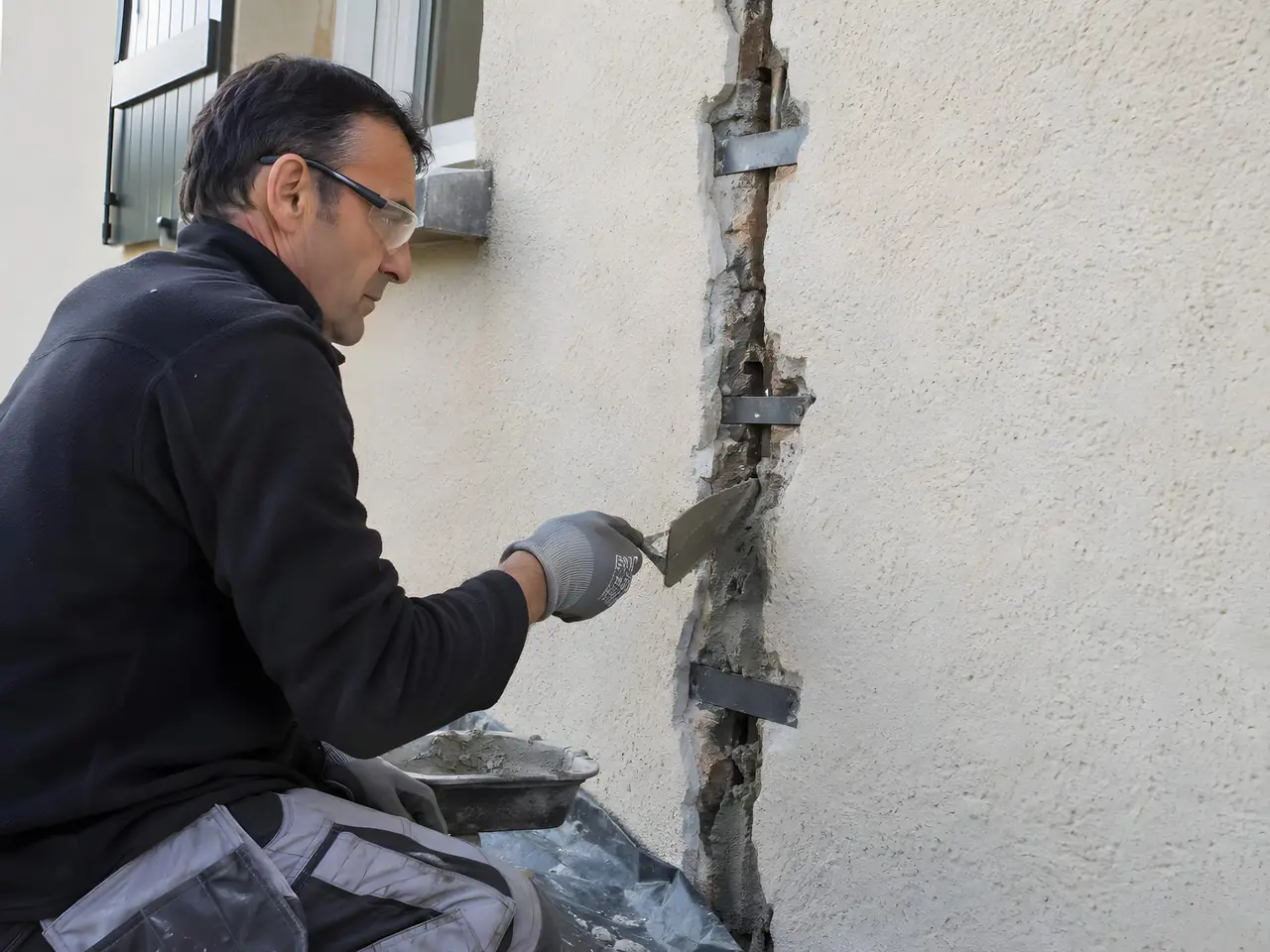 Maçon à lunettes qui garnit au mortier une fissure ouverte en saignée, agrafée de fers plats scellés en travers