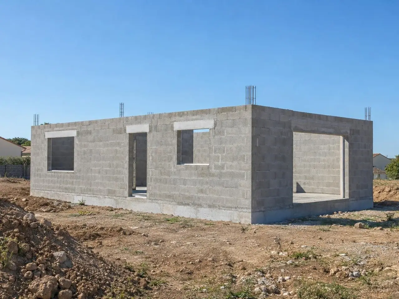 Rez-de-chaussée en parpaings gris monté sur sa dalle, ouvertures de porte, fenêtres et baie sous linteaux