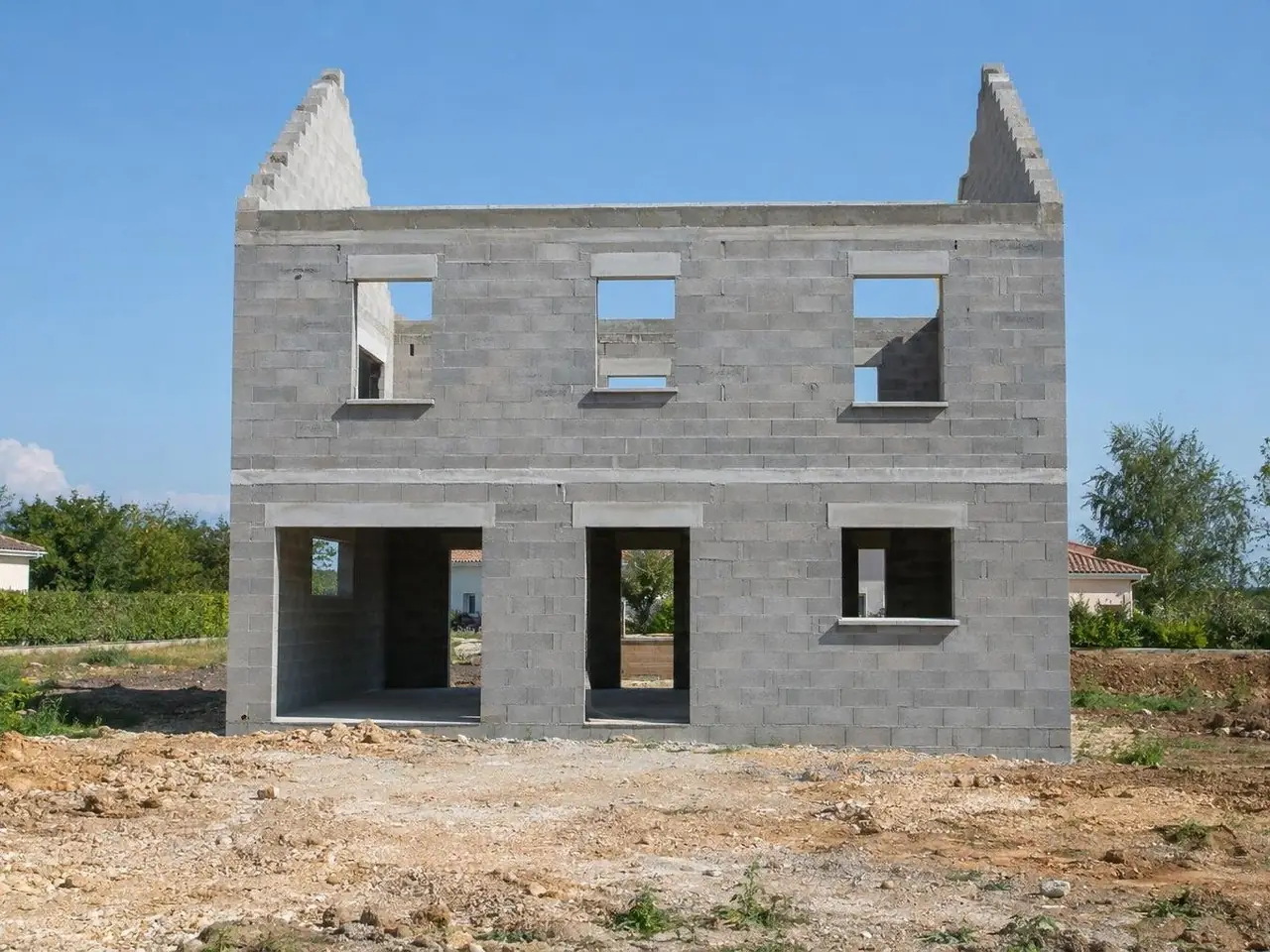 Maison en parpaings montée sur deux niveaux jusqu'au chaînage, pignons dressés en pointe, ciel bleu