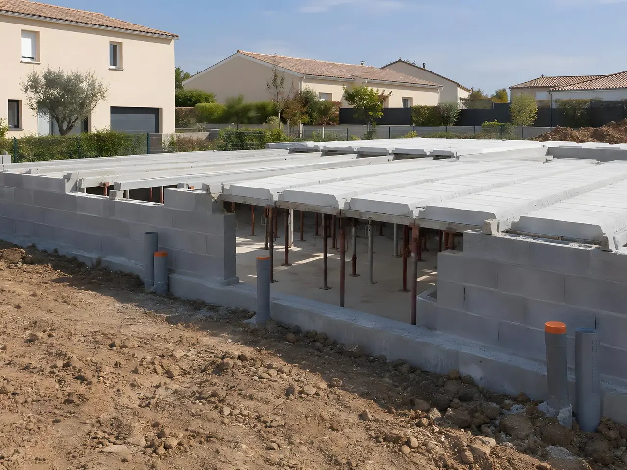 Murets de vide sanitaire en parpaings sous un plancher de poutrelles et hourdis étayé, sur un terrain de terre retournée