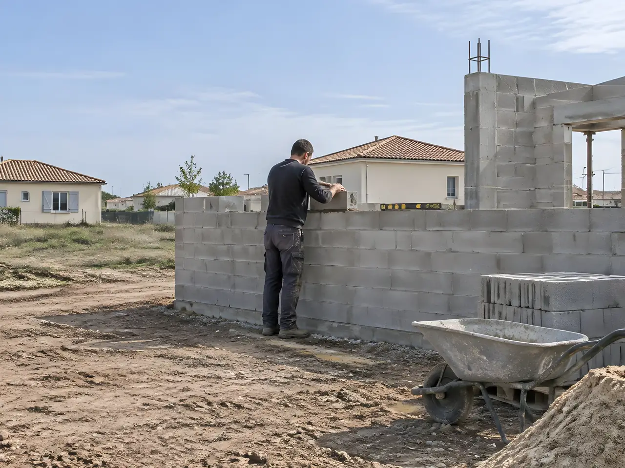 Maçon posant un rang de parpaings sur les murs d'une maison neuve en lotissement, brouette et bétonnière devant