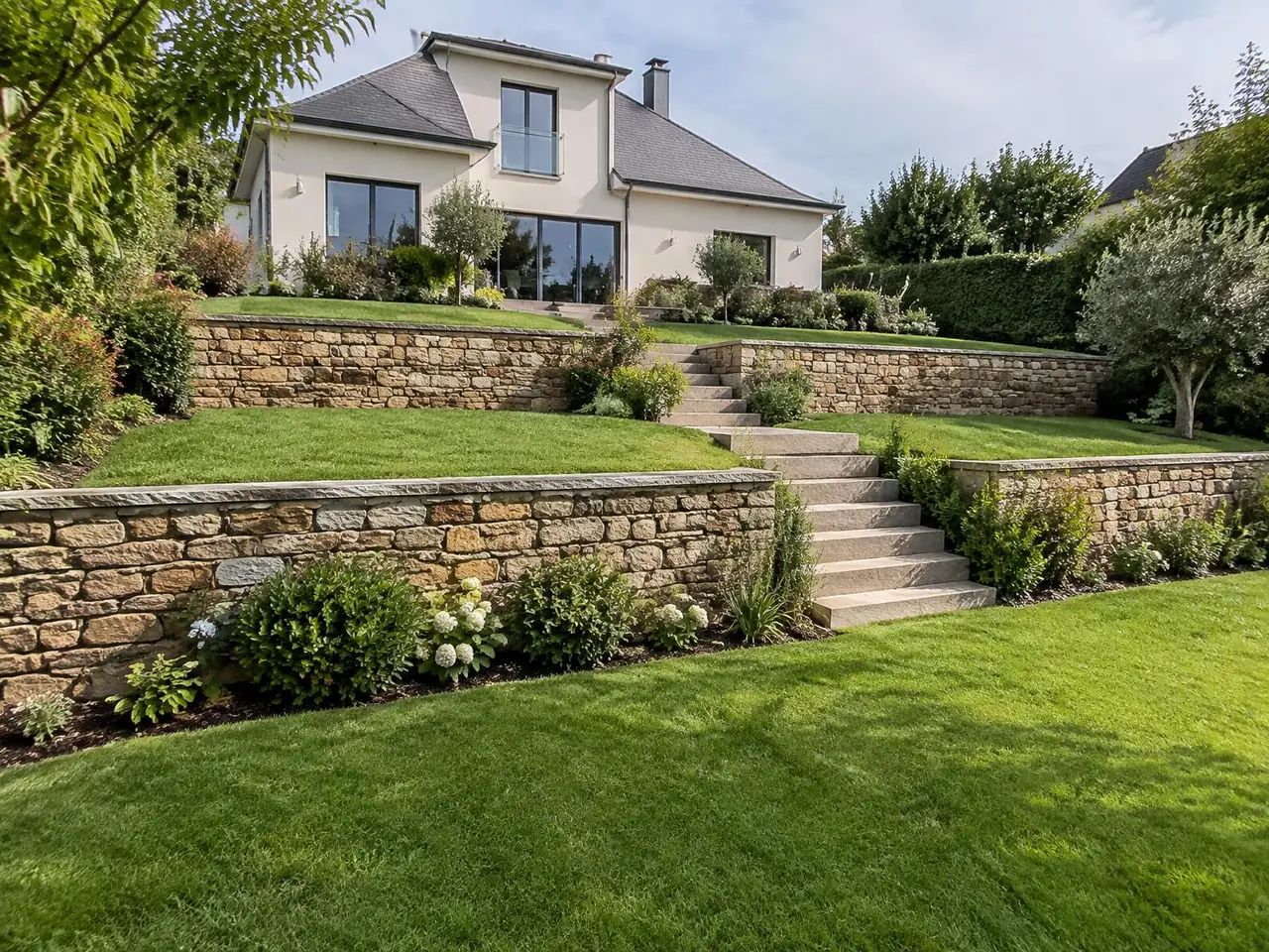 Le même jardin tenu par deux murs de soutènement en pierre et un escalier, pelouse au pied